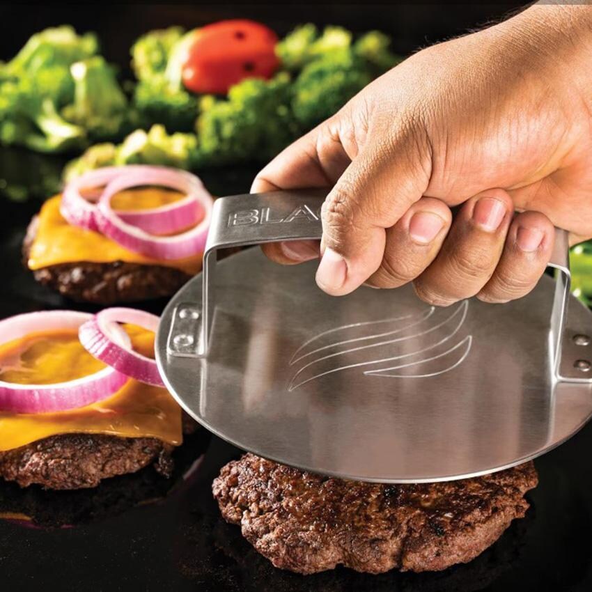 Blackstone 5230+5462 5-Piece Tool Kit & Hamburger Kit - Burger Press In Use