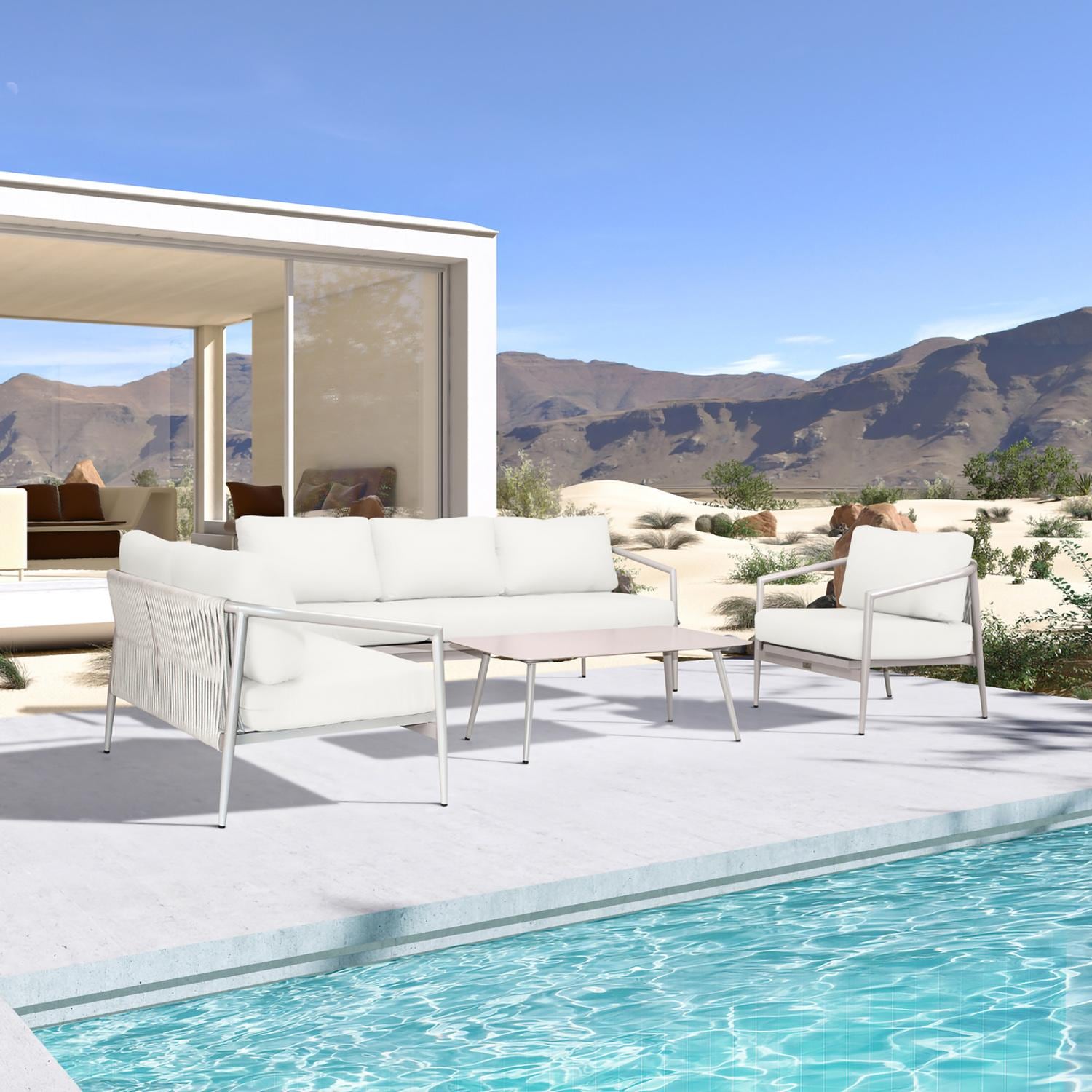 Lakeview Midnight Cove 4 Pc Aluminum Sofa Loveseat Seating Set in Urban Stone/Carrera/Canvas Natural - Angled - Lifestyle thumbnail