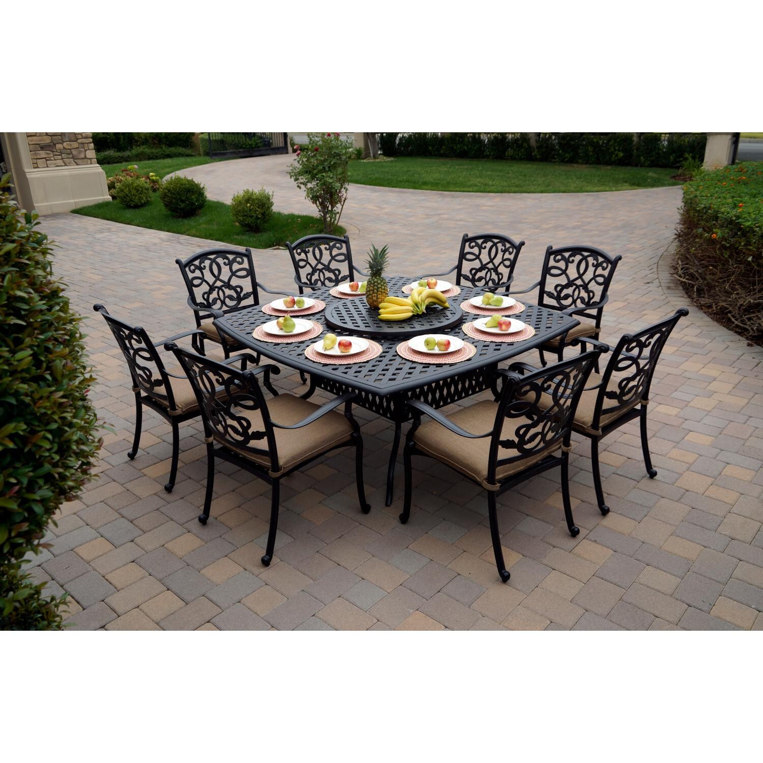 Darlee DL2052-10PC-30W3930 Santa Monica 10 Piece Cast Aluminum Patio Dining Set W/ Lazy Susan & Sesame Cushions - Lifestyle thumbnail