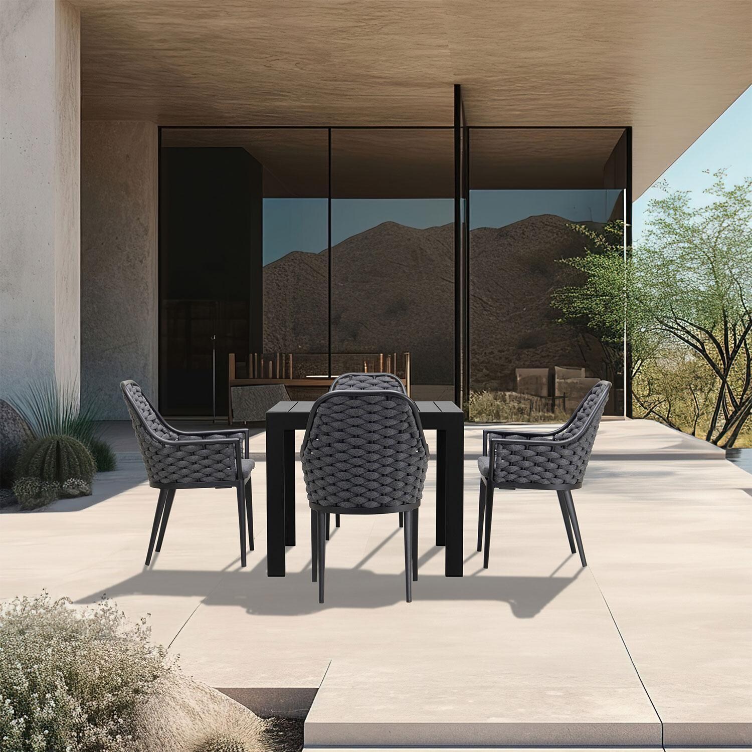 Chloe Bay 4 Seat Aluminum Square Dining Table in Black by Lakeview - Set - Outdoor Patio - Lifestyle thumbnail