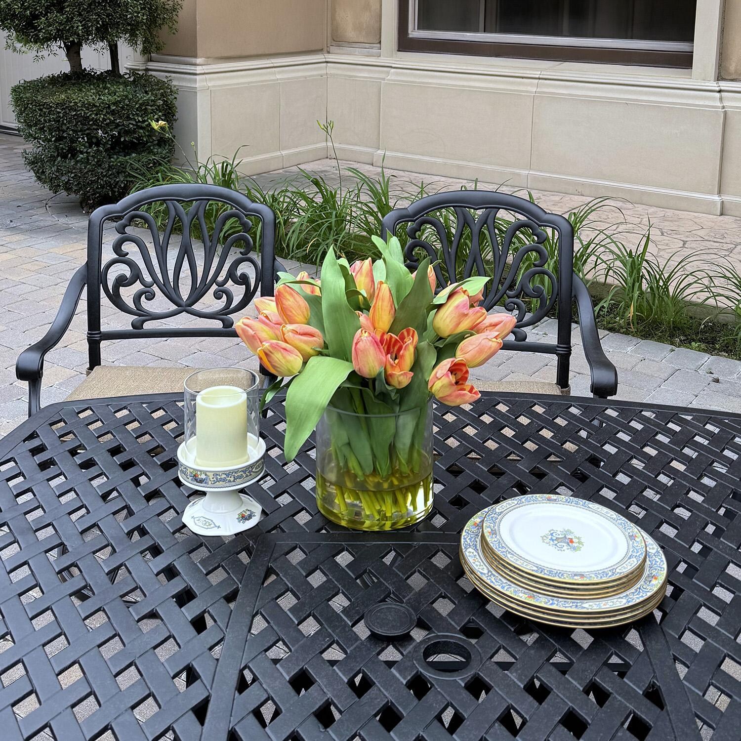 Darlee Elisabeth 9 Pc Cast Aluminum Dining Set w/ 64 Inch Series 30 Table in Antique Bronze/Beige - Table Top - Lifestyle thumbnail