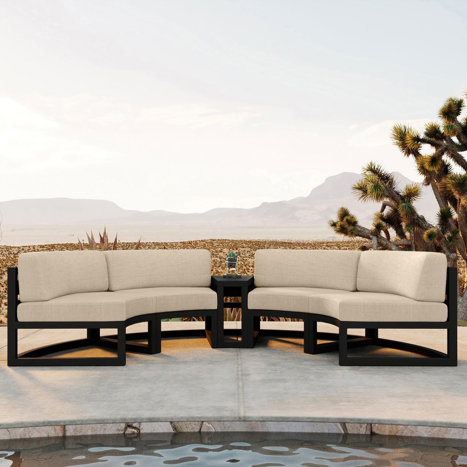 Lakeview MSTYCV-BK-3CSEC-CF Misty Cove 3 Pc Aluminum Curve Sectional Set in Black w/Wedge End Table & Canvas Flax Cushions by Lakeview Outdoor Designs - Set Outside - Lifestyle thumbnail