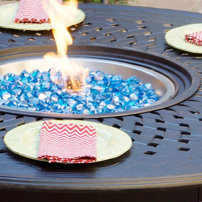 Darlee Elisabeth 7 Pc Cast Aluminum Fire Pit Dining Set w/ 60 Inch Round Table in Antique Bronze/Beige - Fire Pit - Detail thumbnail