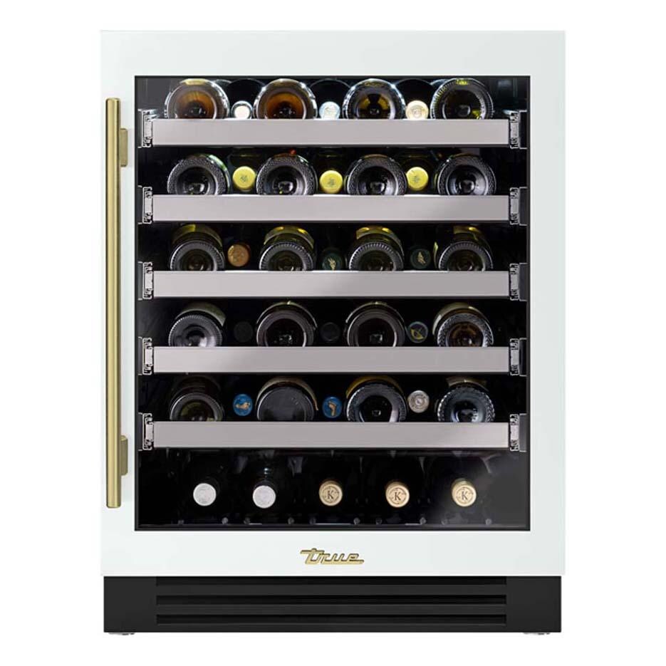 True TUWADA-24-RG-A~030-H01 ADA Height 24 Inch 40 Bottle Right Hinge Glass Door Outdoor Wine Cabinet - Matte White w/ Brass Handle - White Background thumbnail