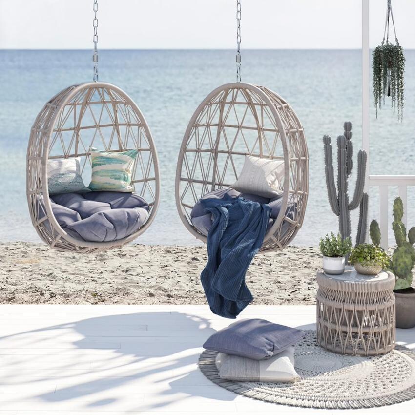 Dana 3 Pc Olefin Rope Hanging Chair Set in Natural Linen/Linen Canvas by Sunset West
