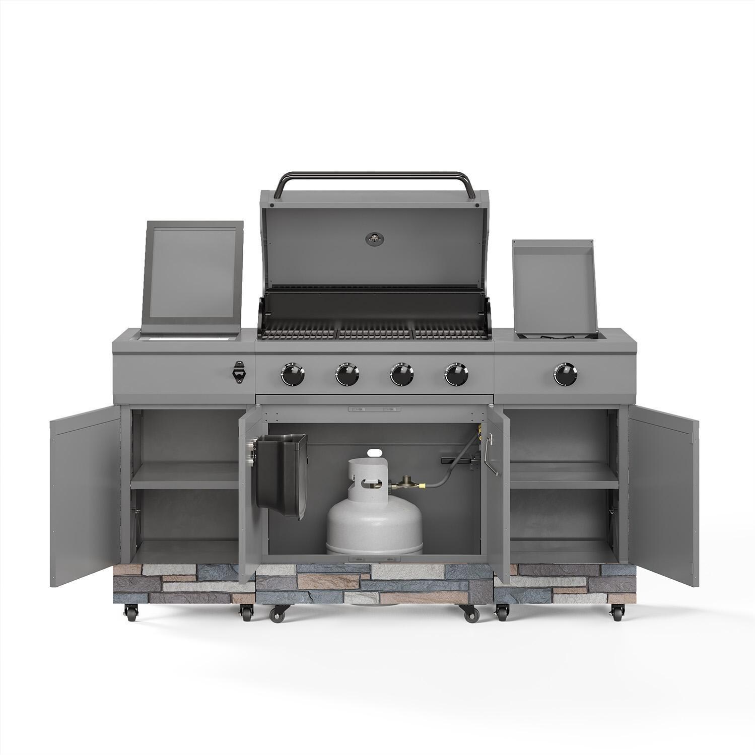 TYTUS Fresno Series Gunmetal Gray & Ash Stacked Stone Natural Gas Grill Island (Ships Propane w/ Conversion Kit) - Cabinets Open - White Background thumbnail