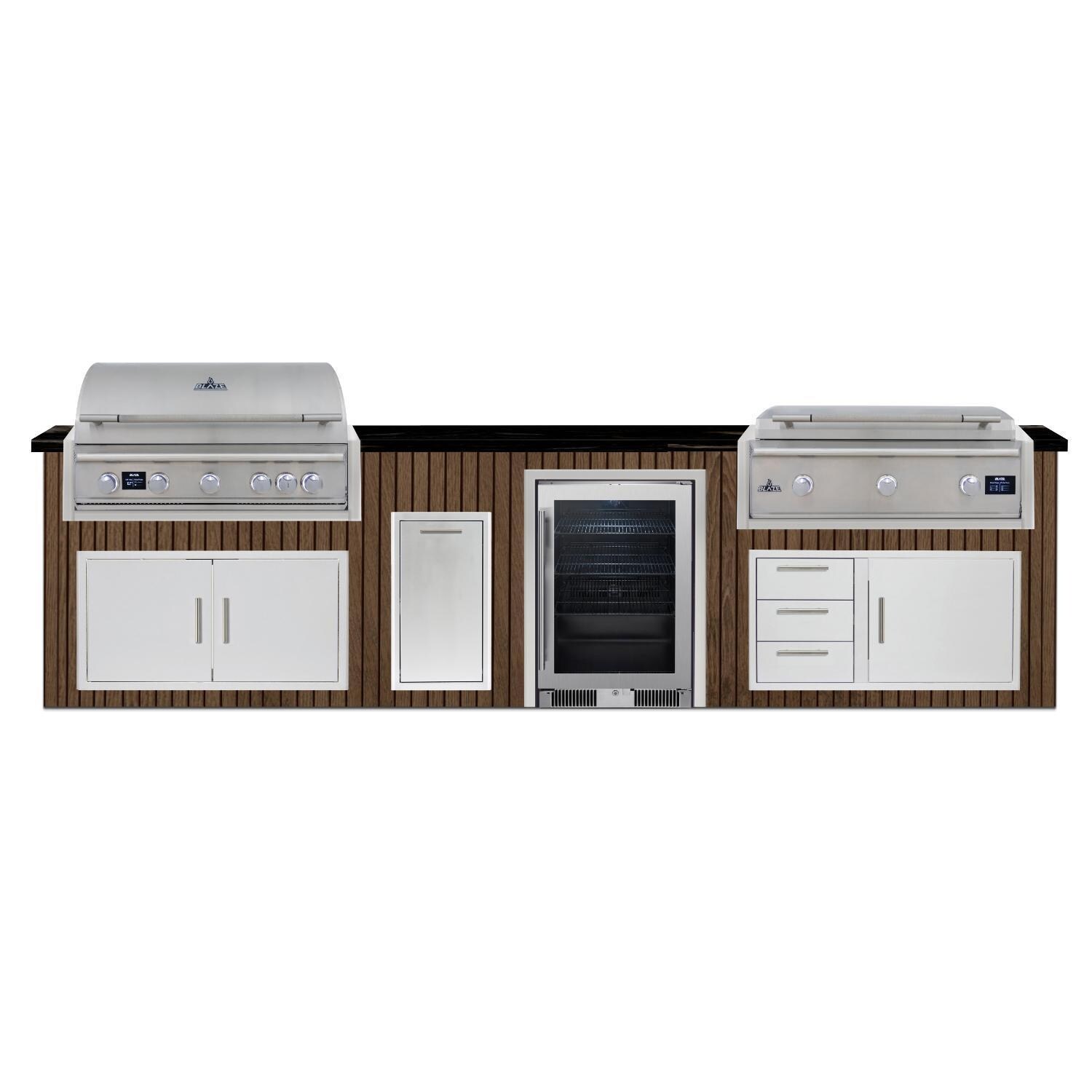 BBQGuys Signature 12 Ft Outdoor Kitchen Island w/ 40-in Natural Gas Blaze LTE PRO Grill & Griddle, 20-in Beverage Center & Narrow Trash Bin | Toffee w/ Nero Mist Granite - Island - White Background thumbnail