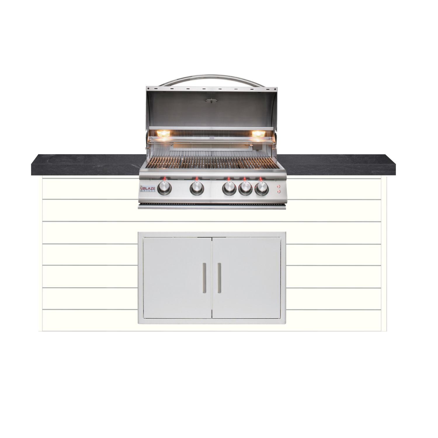 BBQGuys Signature 6ft Luxury Outdoor Island W/ Blaze Premium LTE 32-Inch Propane Grill & Double Access Door - Canvas White Steel W/ Black Polished Granite thumbnail