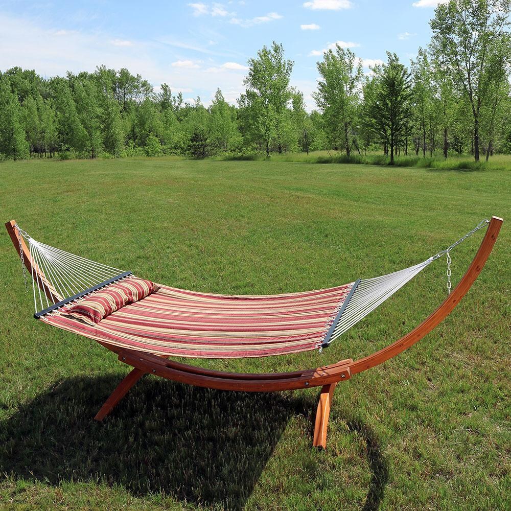 Ultimate Patio Quilted Double Hammock w/ 12-Foot Wood Stand - Red Stripe - Lifestyle thumbnail
