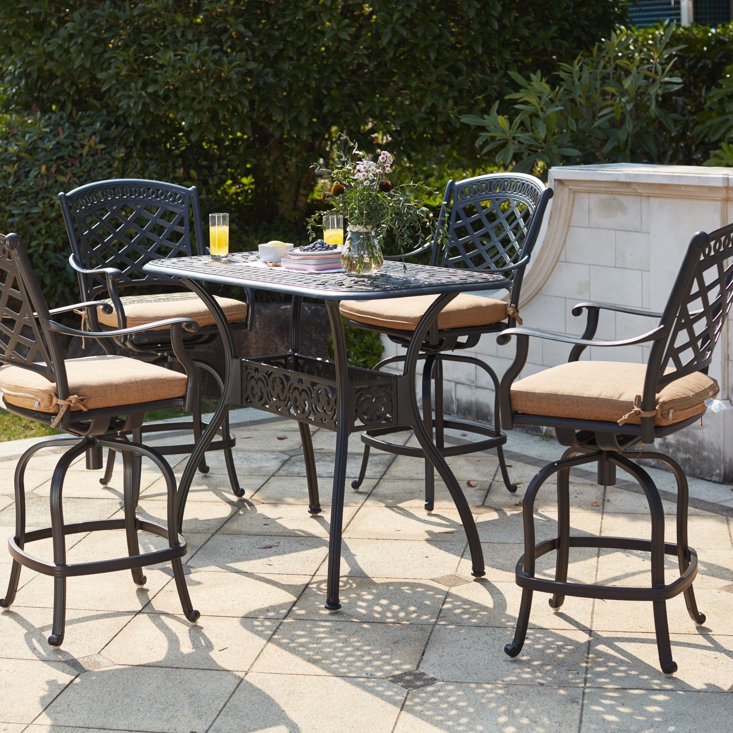 Darlee 201030-5PC-60CB Sedona 5 Piece Cast Aluminum Patio Counter Height Bar Set W/ 52 X 26 Inch Rectangular Table & Sesame Cushions  thumbnail