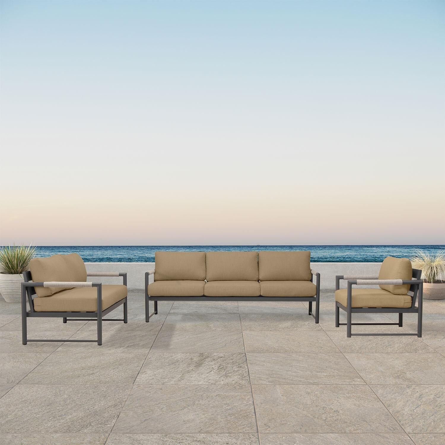 Avenue Bay 3 Pc Aluminum Sofa Seating Set in Slate/Heather Beige by Lakeview Outdoor Designs