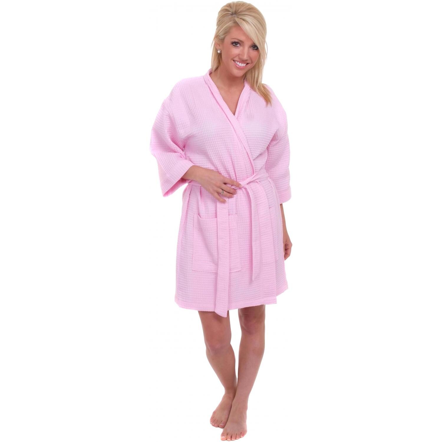 Terry Town Thigh Length Waffle Weave Kimono Robe - Pink