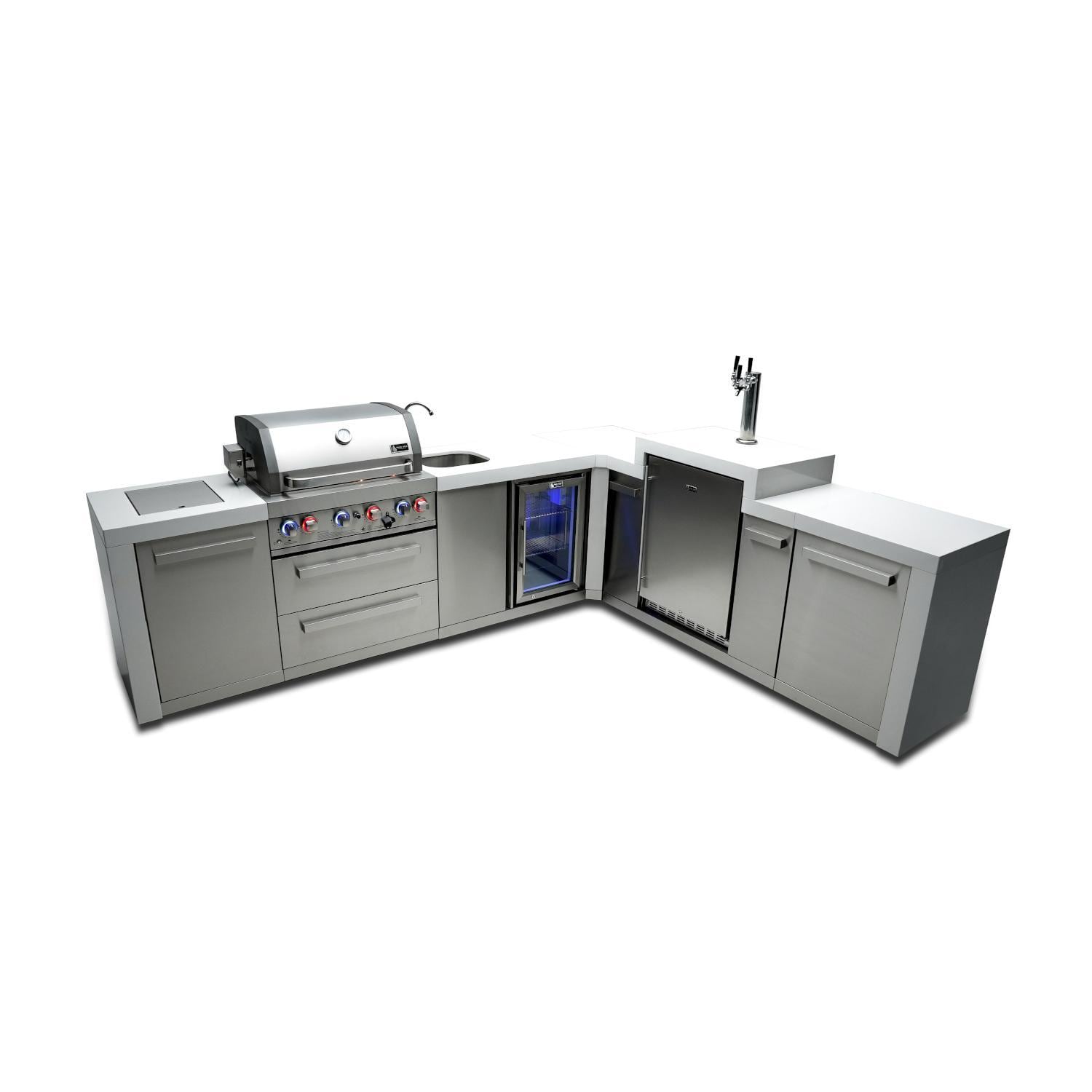 Mont Alpi Deluxe Series 11.5 Ft L-Shaped Propane Outdoor Kitchen Island w/ Side Burner, Beverage Center & Kegerator - MAi400-D90KEGBEV