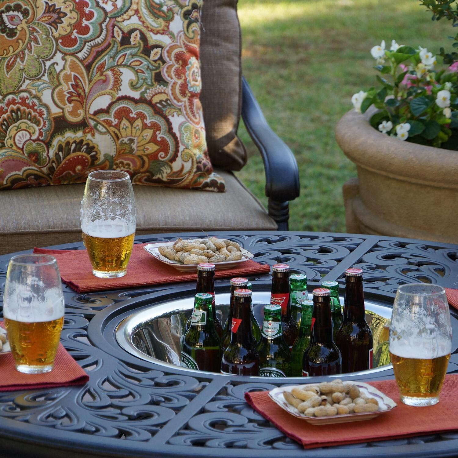 Darlee Series 80 Cast Aluminum Tea Table With Ice Bucket And Fire Pit Insert - Shown as Ice Bucket - Lifestyle thumbnail
