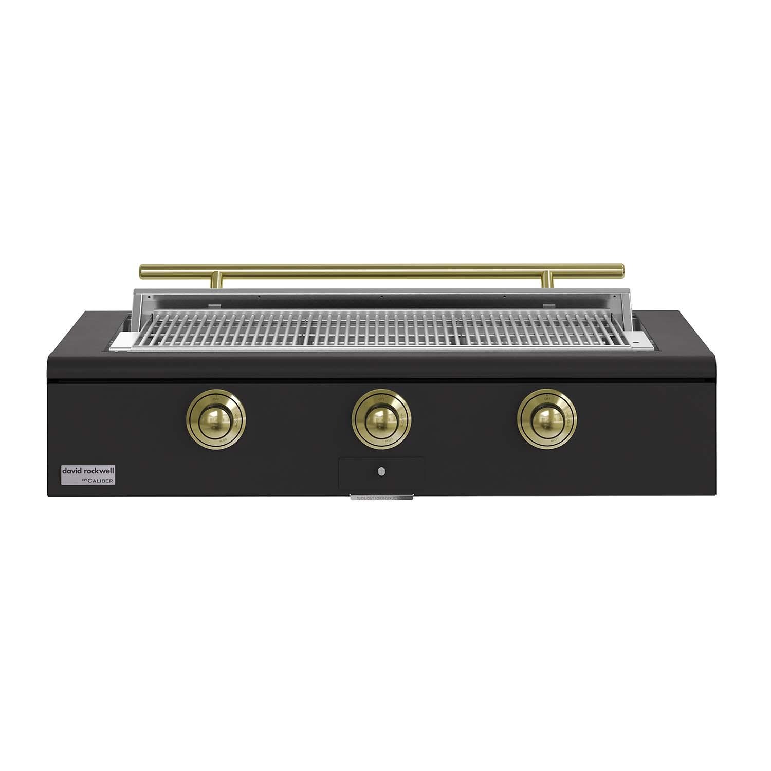 Caliber CRG-48BN00-A-085-H01 48-in Natural Gas Built-In Rockwell Grill - Ultra Matte Black w/ Brass Hardware - White Background thumbnail