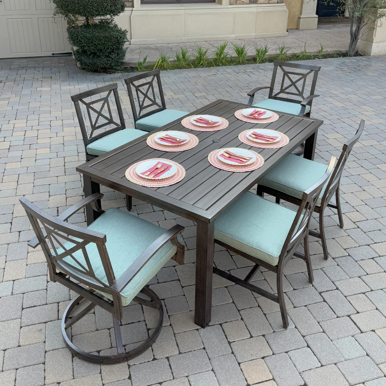 Atlantis 7 Pc Aluminum Dining Set w/ 4 Dining Side Chairs & 2 Swivel Rocker Dining Arm Chairs in Walnut/Spa by Darlee - Hero - Lifestyle thumbnail