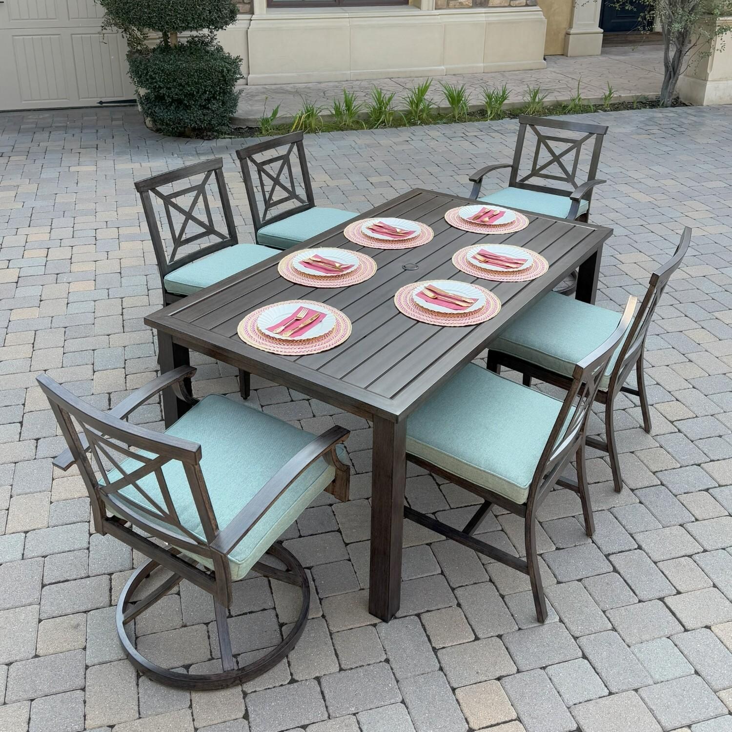 Atlantis 7 Pc Aluminum Dining Set w/ 4 Dining Side Chairs & 2 Swivel Rocker Dining Arm Chairs in Walnut/Spa by Darlee - Hero - Lifestyle thumbnail