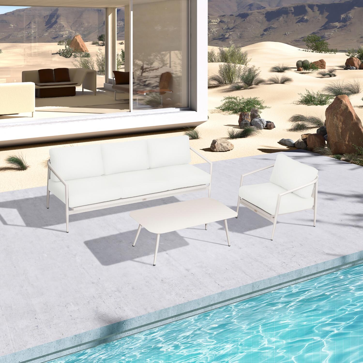 Lakeview Midnight Cove 3 Pc Aluminum Sofa Seating Set in Urban Stone/Carrera/Canvas Natural - Top - Lifestyle thumbnail