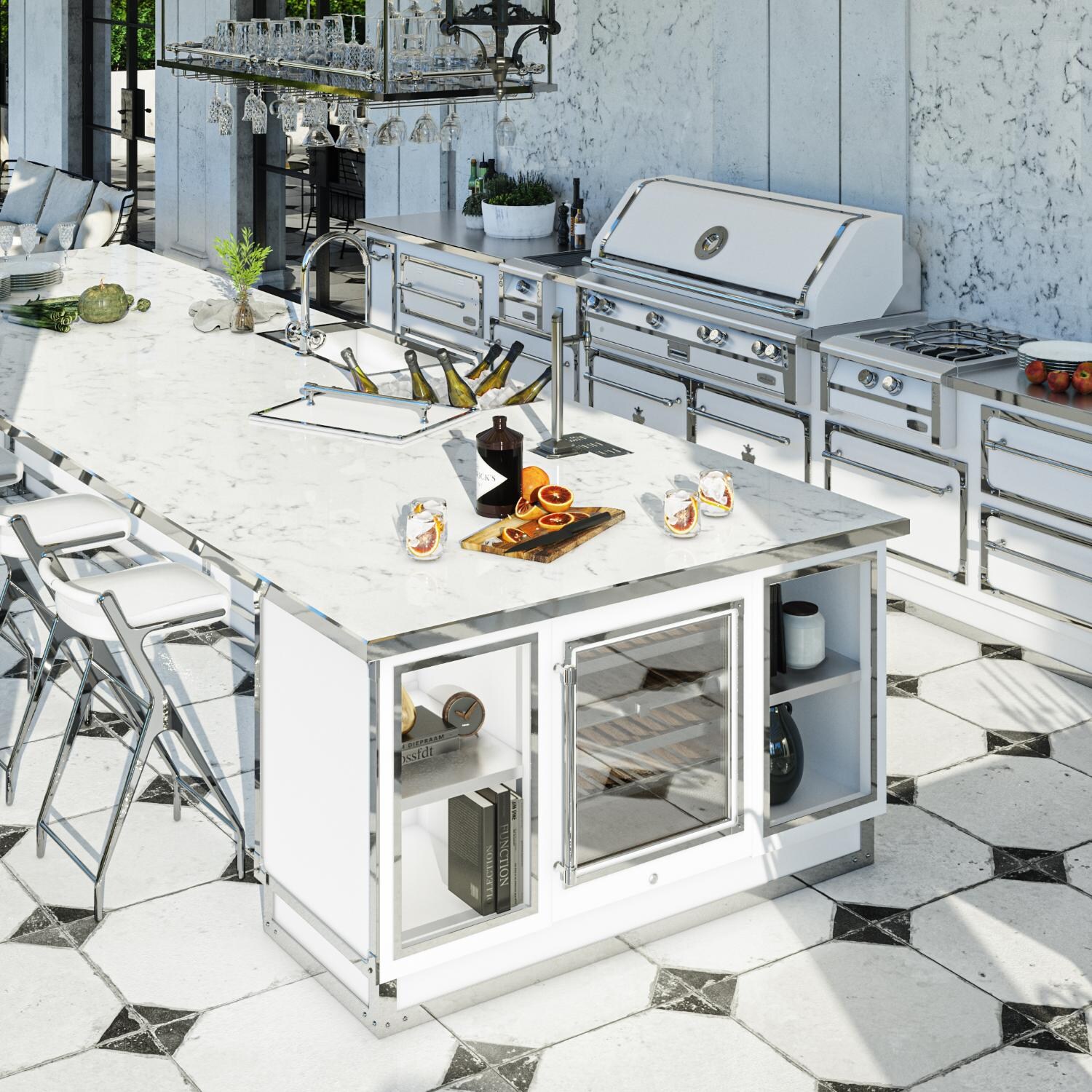 Officine Gullo BBQ56BI03 56-Inch OG Professional Propane Grill in Matcha - Built-In in White Bohemian Kitchen Side View - Lifestyle thumbnail