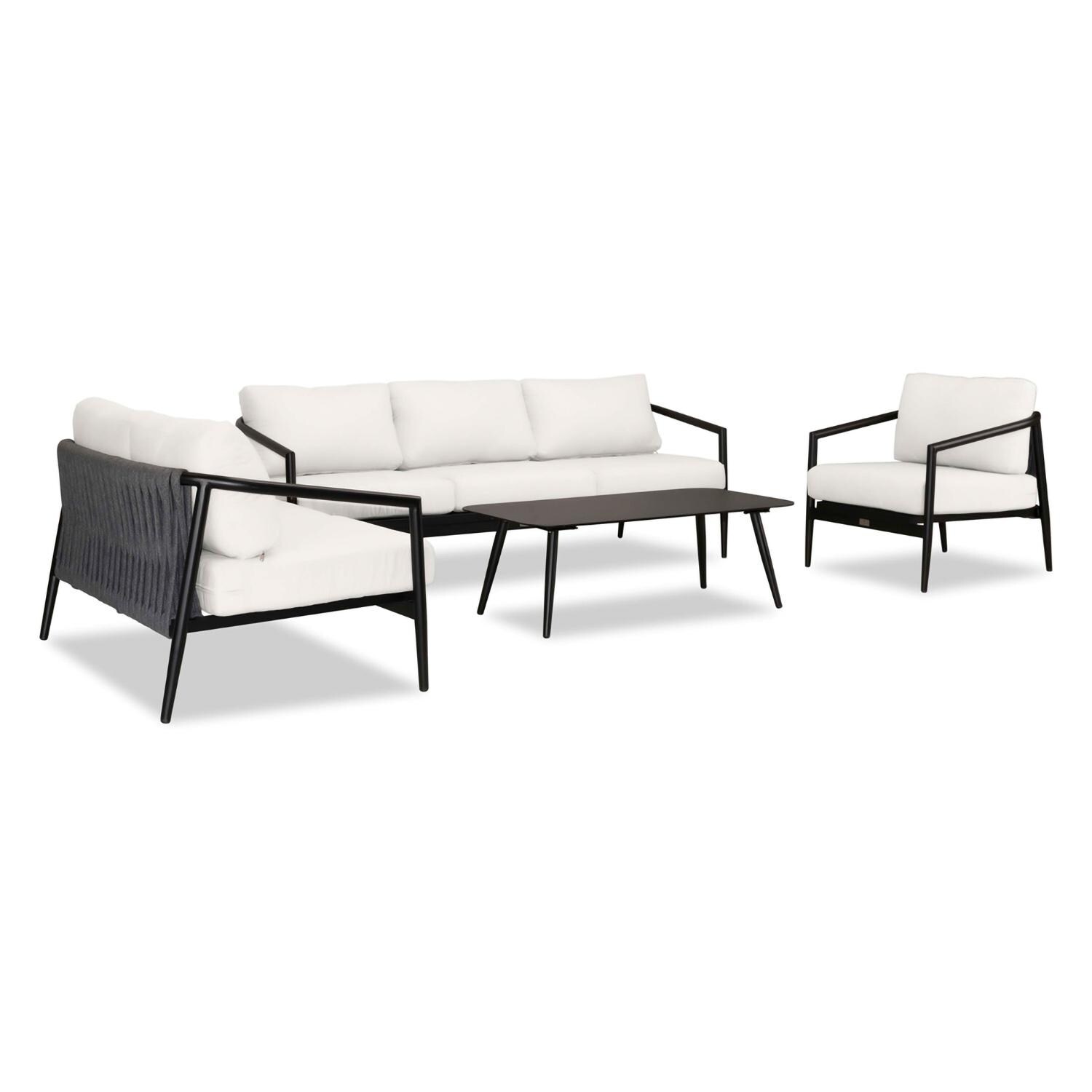 Lakeview Midnight Cove 4 Pc Aluminum Sofa Loveseat Seating Set in Black/Carbon/Canvas Natural - Angled - White Background thumbnail