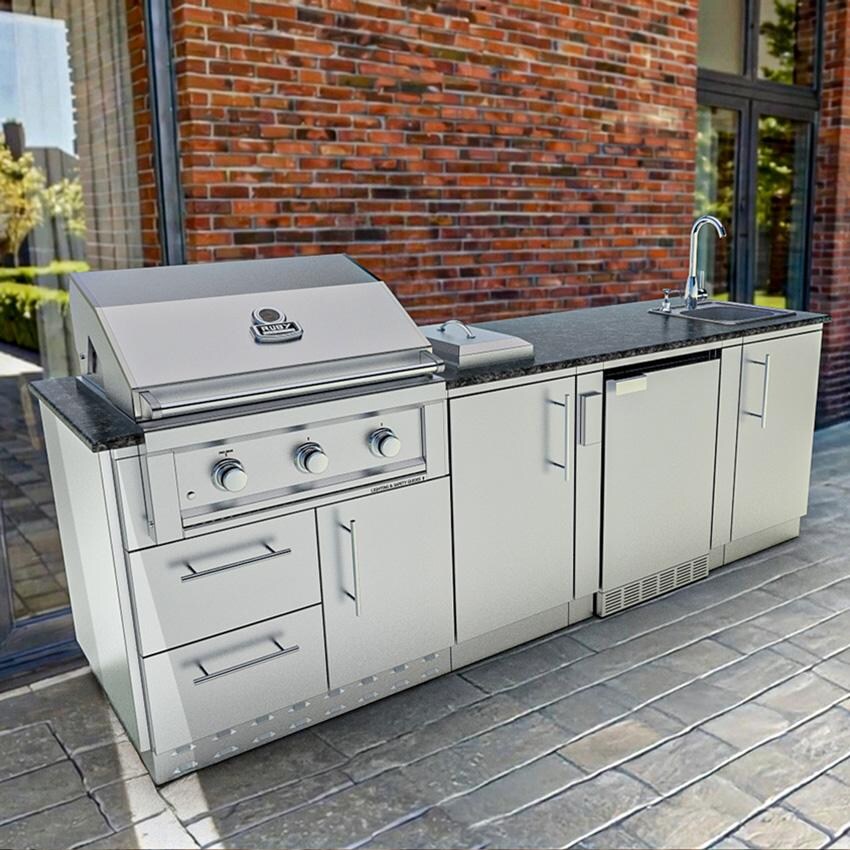 Sunstone Grills SCPBAYOU8.6-LP Bayou 8 1/2 Ft Outdoor Kitchen Island w/ Propane Grill & Side Burner, Sink, Refrigerator, Door & Drawer - Angle on Patio - Lifestyle thumbnail