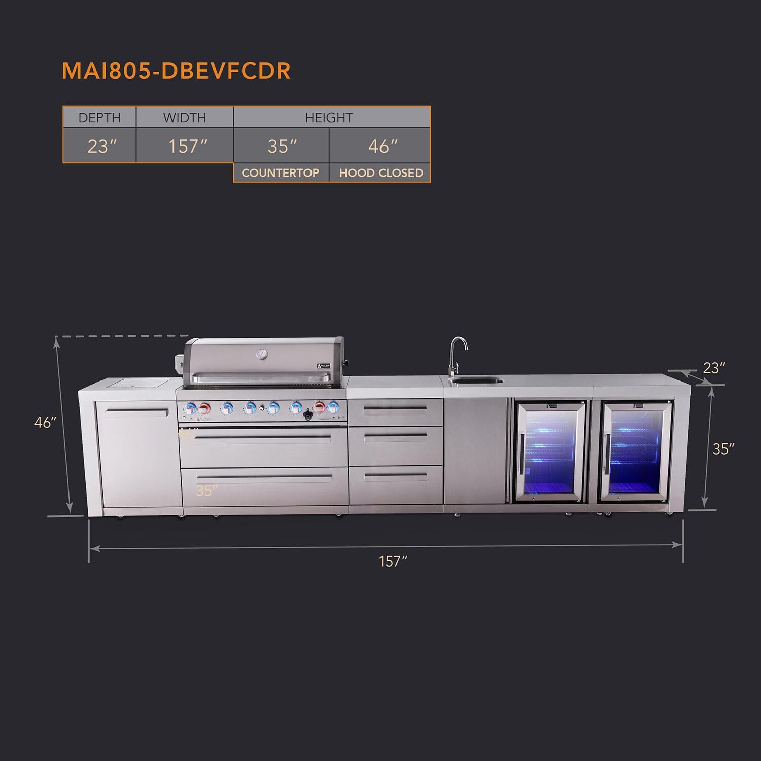 Mont Alpi Deluxe Series 13 Ft Natural Gas Outdoor Kitchen Island w/ 44-in Grill, Side Burner, Beverage Center, Fridge & Triple Drawer (Ships Propane w/ Conversion Kit) - Dimensions - Dimensional thumbnail