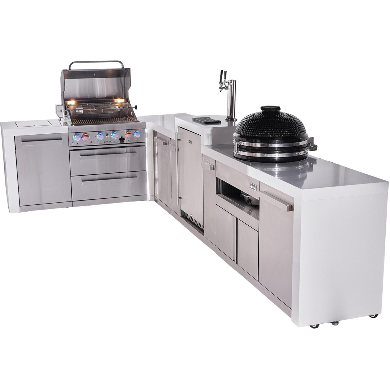 Mont Alpi Deluxe Series 13 Ft L-Shaped Natural Gas Outdoor Kitchen Island w/ 32-in Grill, Side Burner, Kegerator, Kamado Module & Extra Door (Ships Propane w/ Conversion Kit) - Grill Open - White Background thumbnail