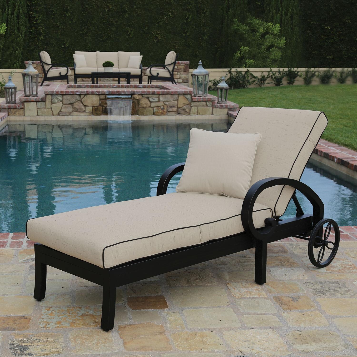 Monterey Aluminum Patio Chaise Lounge in Canvas Natural w/ Self Welt By Sunset West - By The Pool - Lifestyle thumbnail