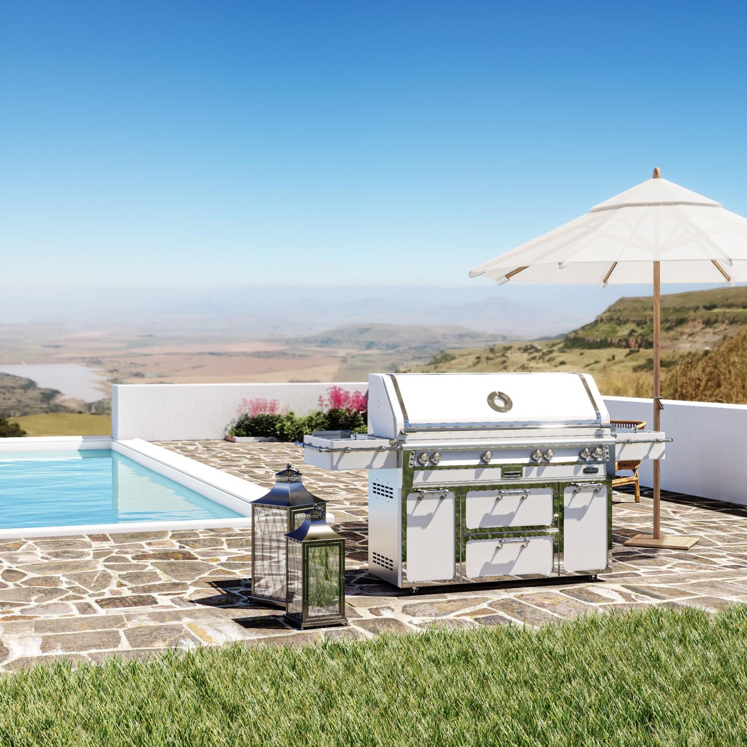 Officine Gullo BBQ56FS05 56-Inch OG Professional Propane Grill Cart in Arancia di Sicilia - Freestanding Grill Shown in White By the Pool Wide Shot - Lifestyle thumbnail