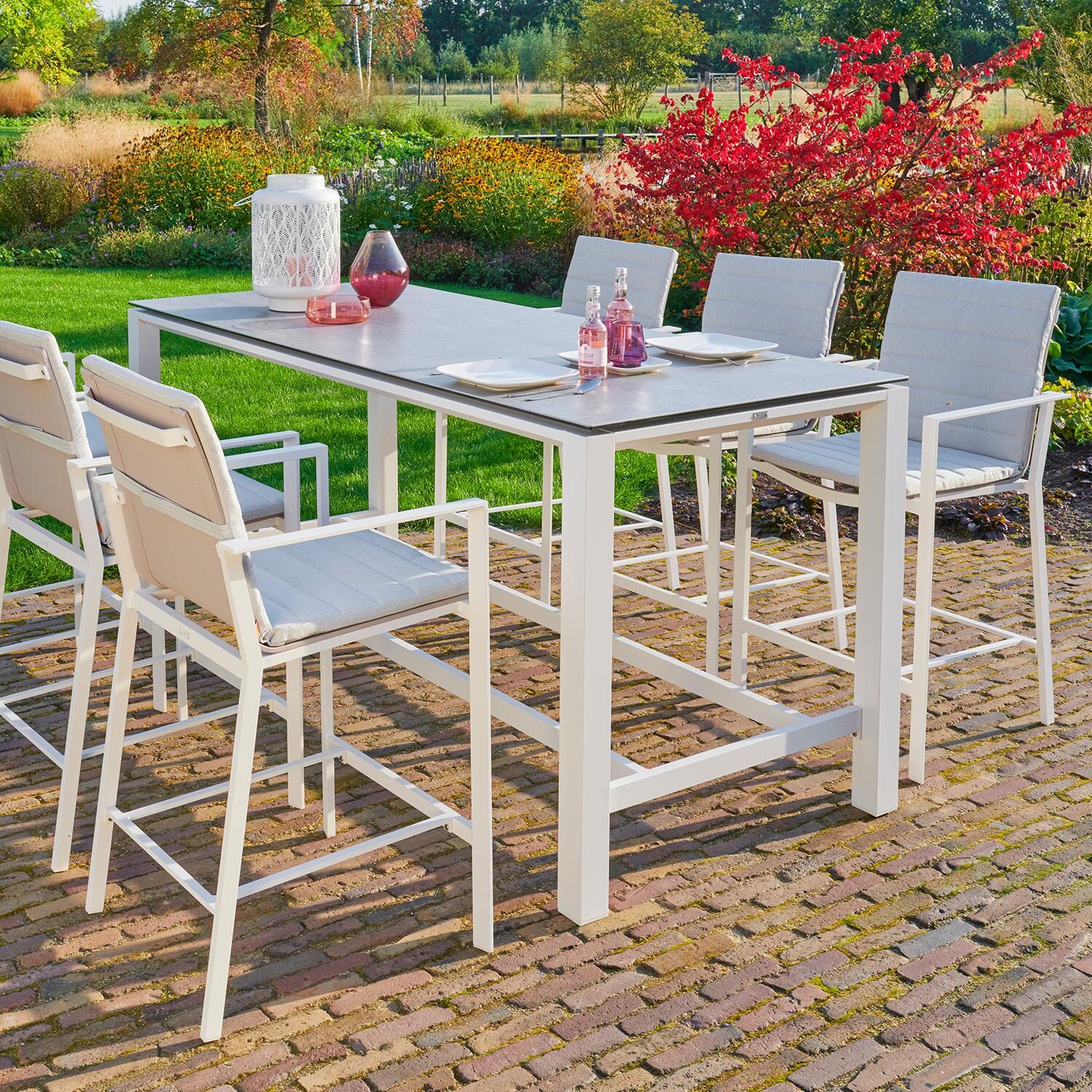 Primavera 7 Pc Aluminum Bar Set w/ Concrete Look Ceramic Tabletop in White / Mouse Grey - Angled - Lifestyle thumbnail