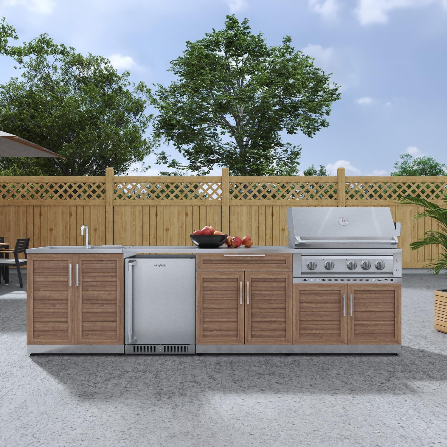 NewAge Products 66380 Classic Series 10 1/2 Ft Outdoor Kitchen Island w/ 36-in Natural Gas Grill, Sink, Refrigerator, Trash Bin, Door & Drawer in Grove/Stainless Steel - On Patio - Lifestyle thumbnail