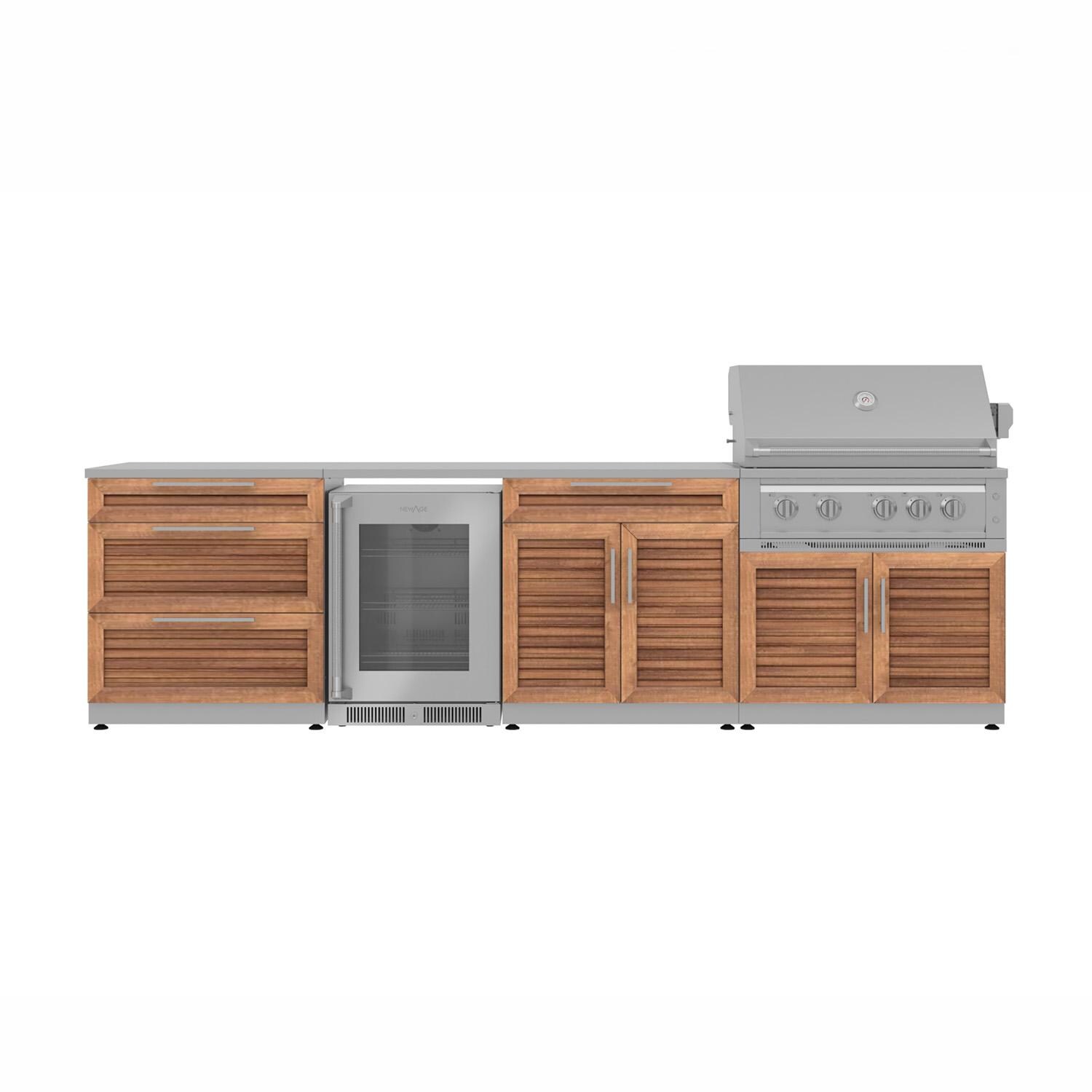 NewAge Products 67917 Classic Series 10 1/2 Ft Outdoor Kitchen Island w/ 36-in Natural Gas Grill, Glass Door Refrigerator, Trash Bin, Door & Drawer in Grove/Stainless Steel - Island - White Background thumbnail