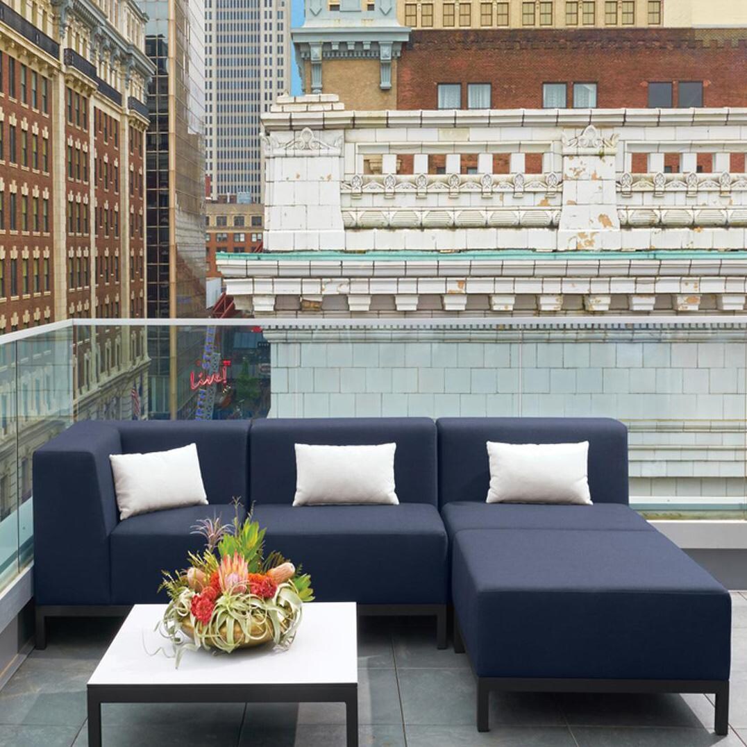 Koral 4 Pc Aluminum Seating Set in Carbon/Spectrum Indigo by Oxford Garden - Shown w/ Set (Table Not Included) - Lifestyle thumbnail