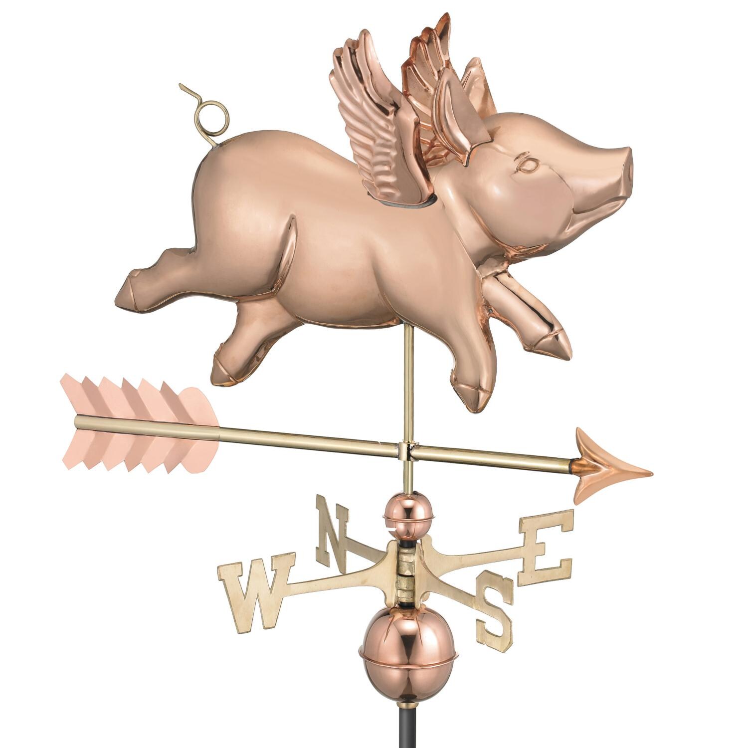 Flying Pig W/ Arrow Weathervane By Good Directions - Polished Copper - Side View thumbnail