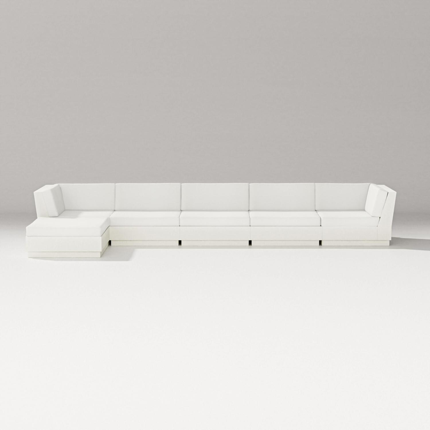 Elevate 6 Pc Recycled Plastic Chaise Sectional Seating Set in Vintage White/Natural Linen By PW Designer Series