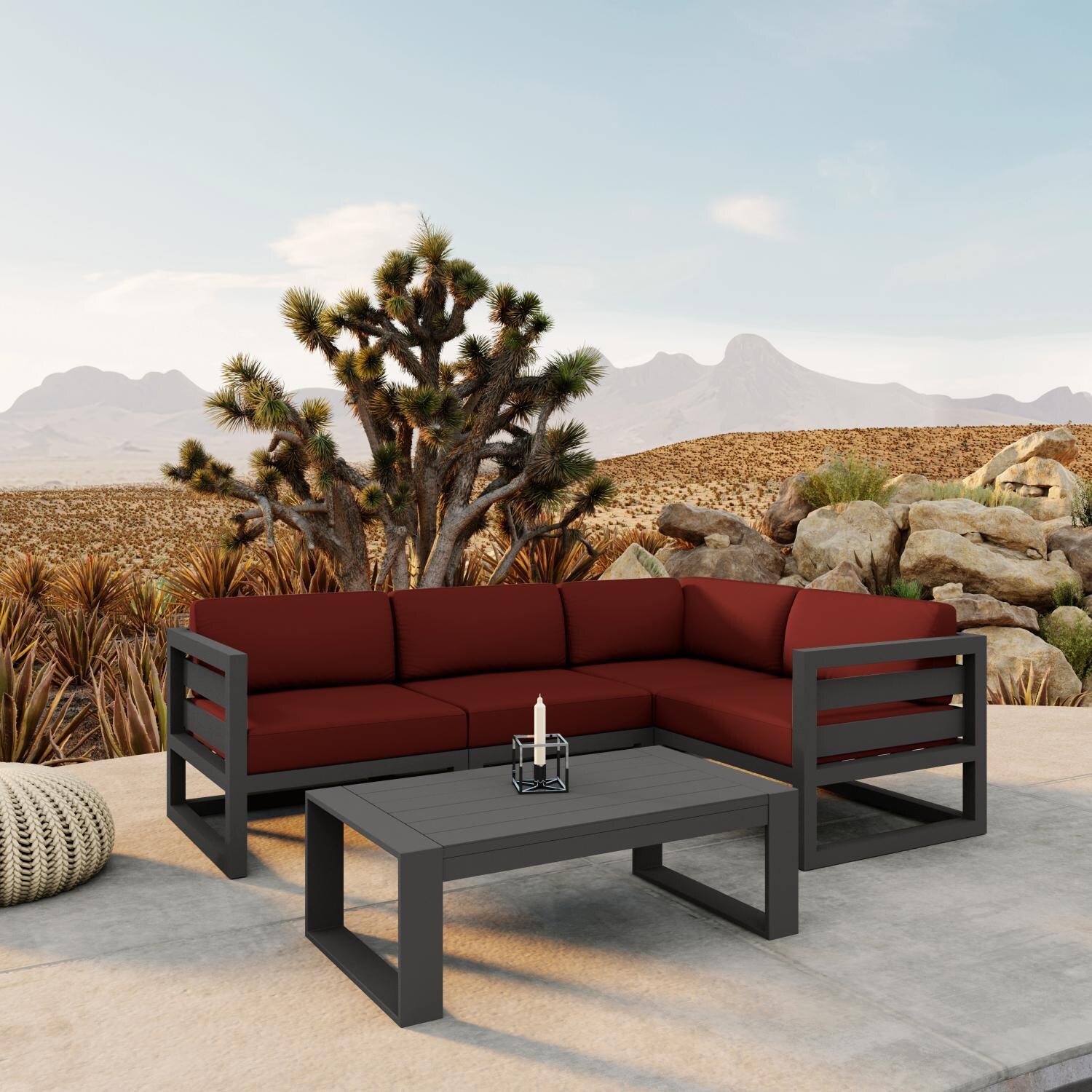 Misty Cove 5 Pc Aluminum Seating Set w/ Sectional & Portal Coffee Table in Slate/Canvas Henna by Lakeview Outdoor Designs