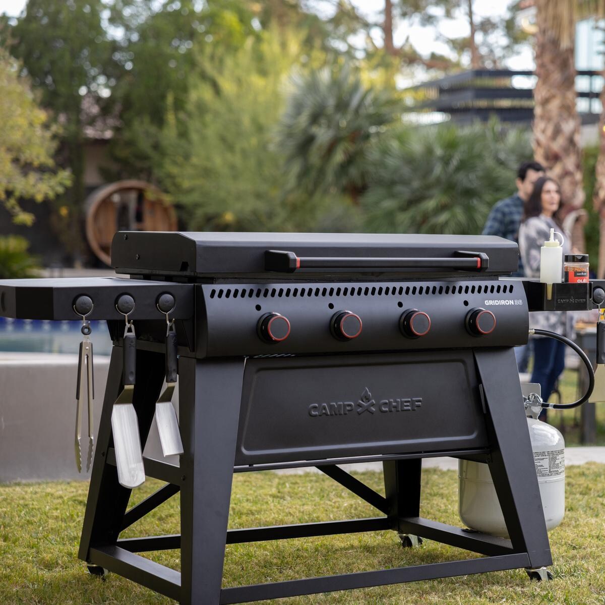 Camp Chef FTG36 36 Inch Gridiron Griddle - Angled With Tools - Lifestyle thumbnail