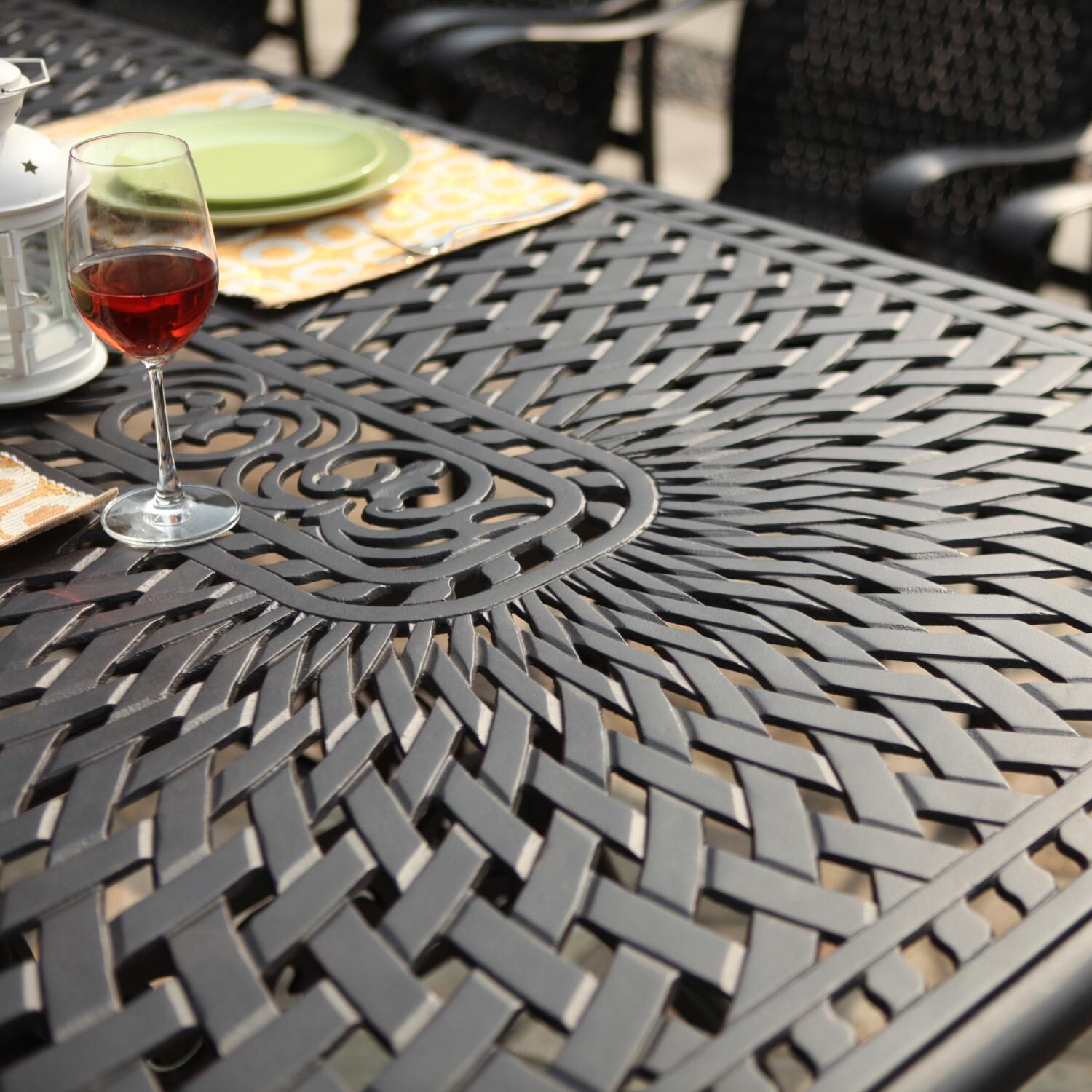 Darlee 501210-9PC-60XLD Victoria 9 Piece Resin Wicker Patio Dining Arm Chair Set W/ 92 X 42 Inch Rectangular Table - Table Detail thumbnail