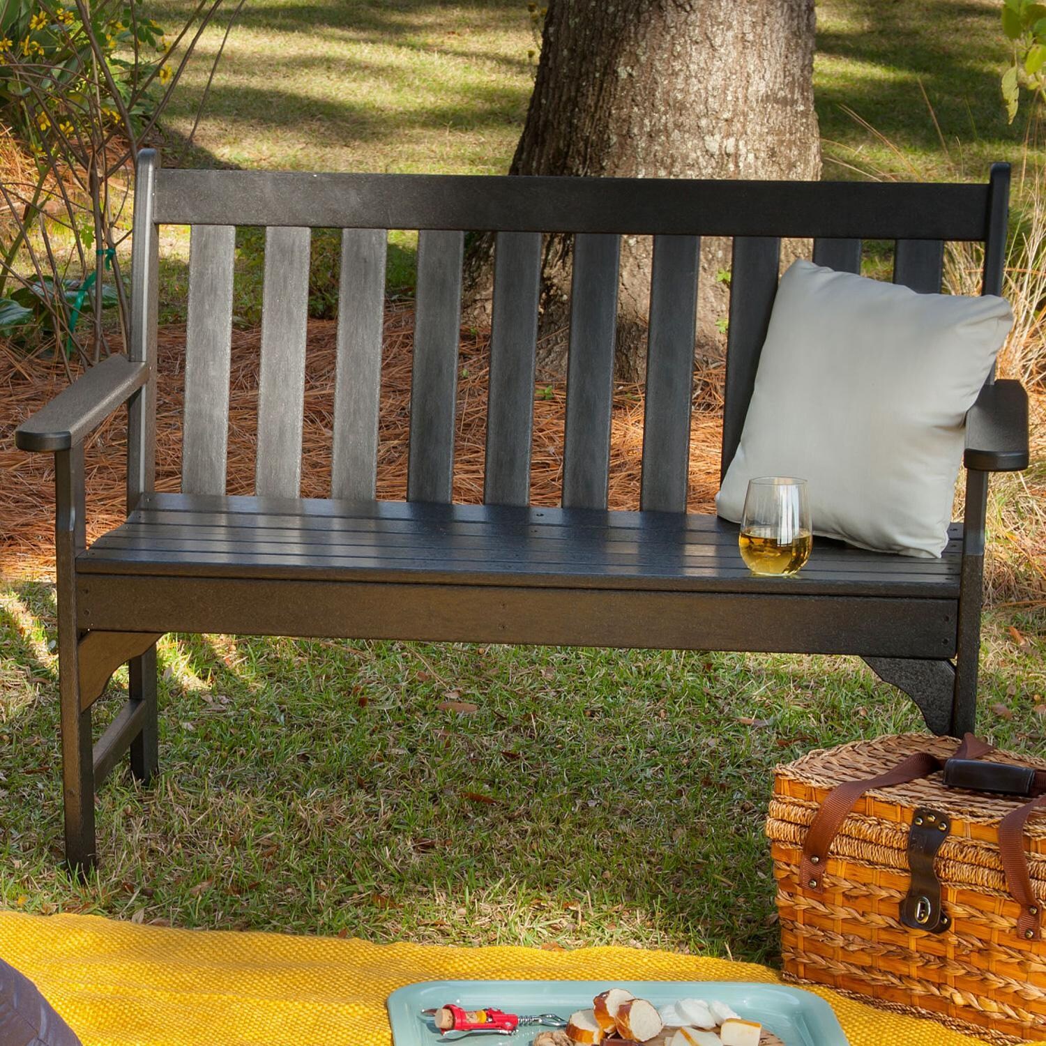 POLYWOOD Vineyard 48-Inch Bench - Teak - Backyard - Shown in Black finish - Lifestyle thumbnail
