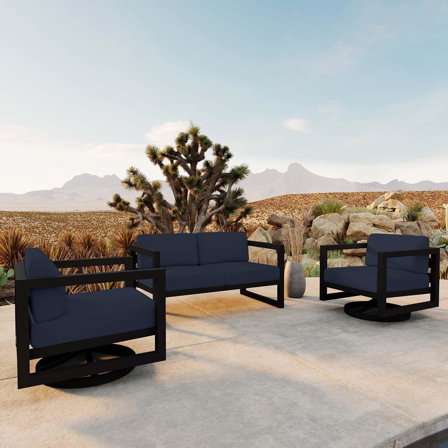 Misty Cove 3 Pc Aluminum Loveseat Seating Set w/ Swivel Chairs in Black/Spectrum Indigo by Lakeview Outdoor Designs - Angled - Lifestyle thumbnail
