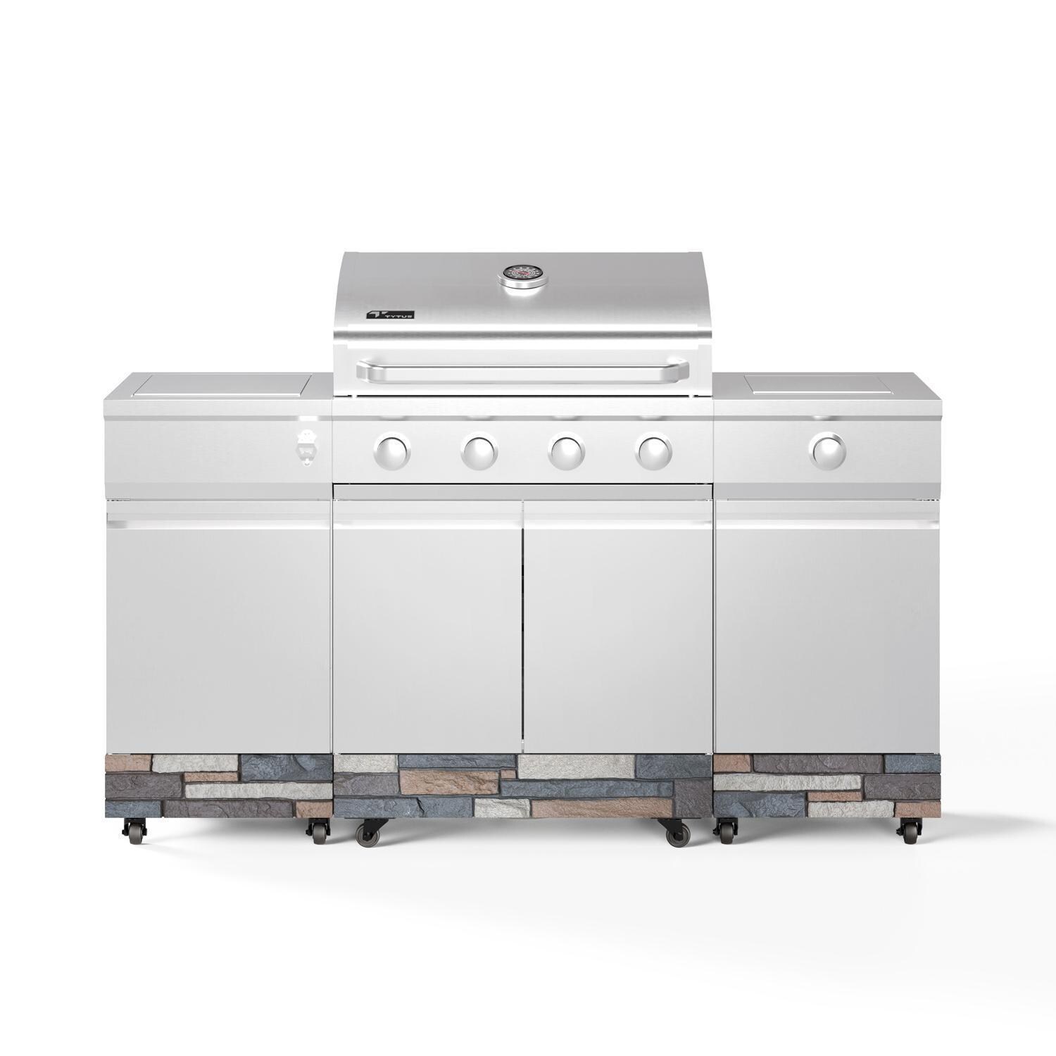 TYTUS Fresno Series 4-Burner Stainless Steel + Ash Stone Natural Gas BBQ Island (Ships Propane w/ Conversion Kit) - Front - White Background thumbnail