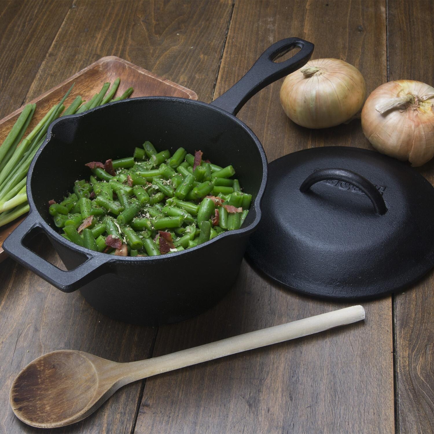 Bayou Classic Pots 2.5 Quart Covered Cast Iron Pot - 7448 - Cooked Green Beans in Pot thumbnail