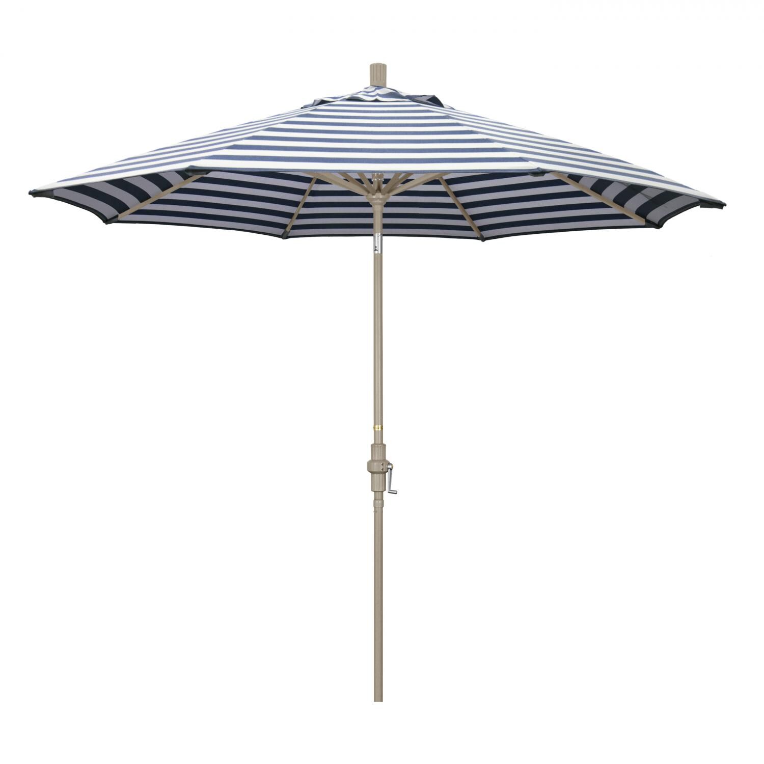 California Umbrella Golden State Series 9 Ft Octagonal Aluminum Collar Tilt Patio Umbrella W/ Crank Lift - Sand Frame / Olefin Navy White Cabana Stripe Canopy