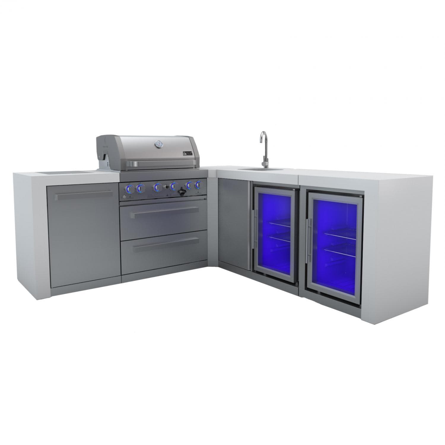 Mont Alpi Deluxe Series 10.5 Ft L-Shaped Propane Outdoor Kitchen Island w/ Side Burner, Beverage Center & Fridge - MAi400-DBEV90FC