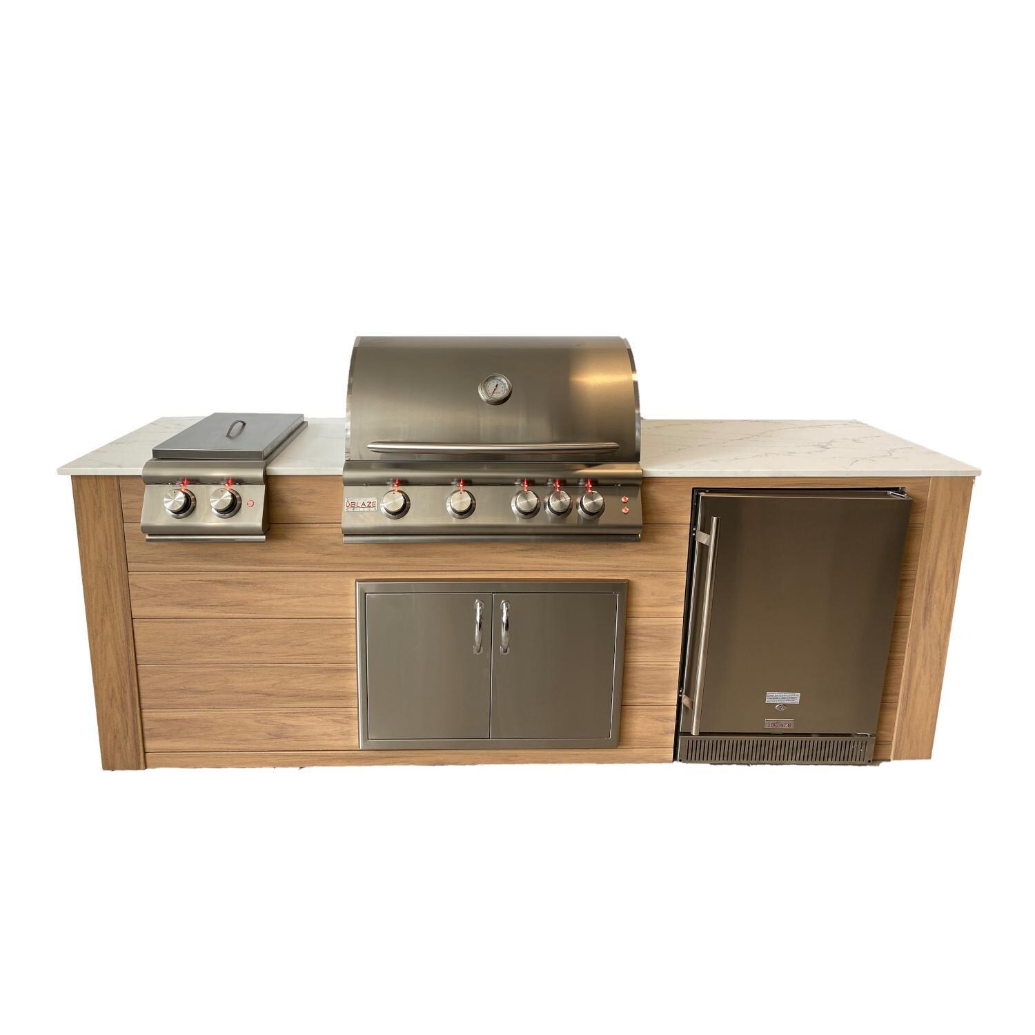 Pro-Fit 8-Foot Outdoor Kitchen Island W/ Blaze Premium LTE 32-Inch Propane Gas Grill, Double Side Burner & Refrigerator - Golden Cypress / Bianco Giulia A Satin image