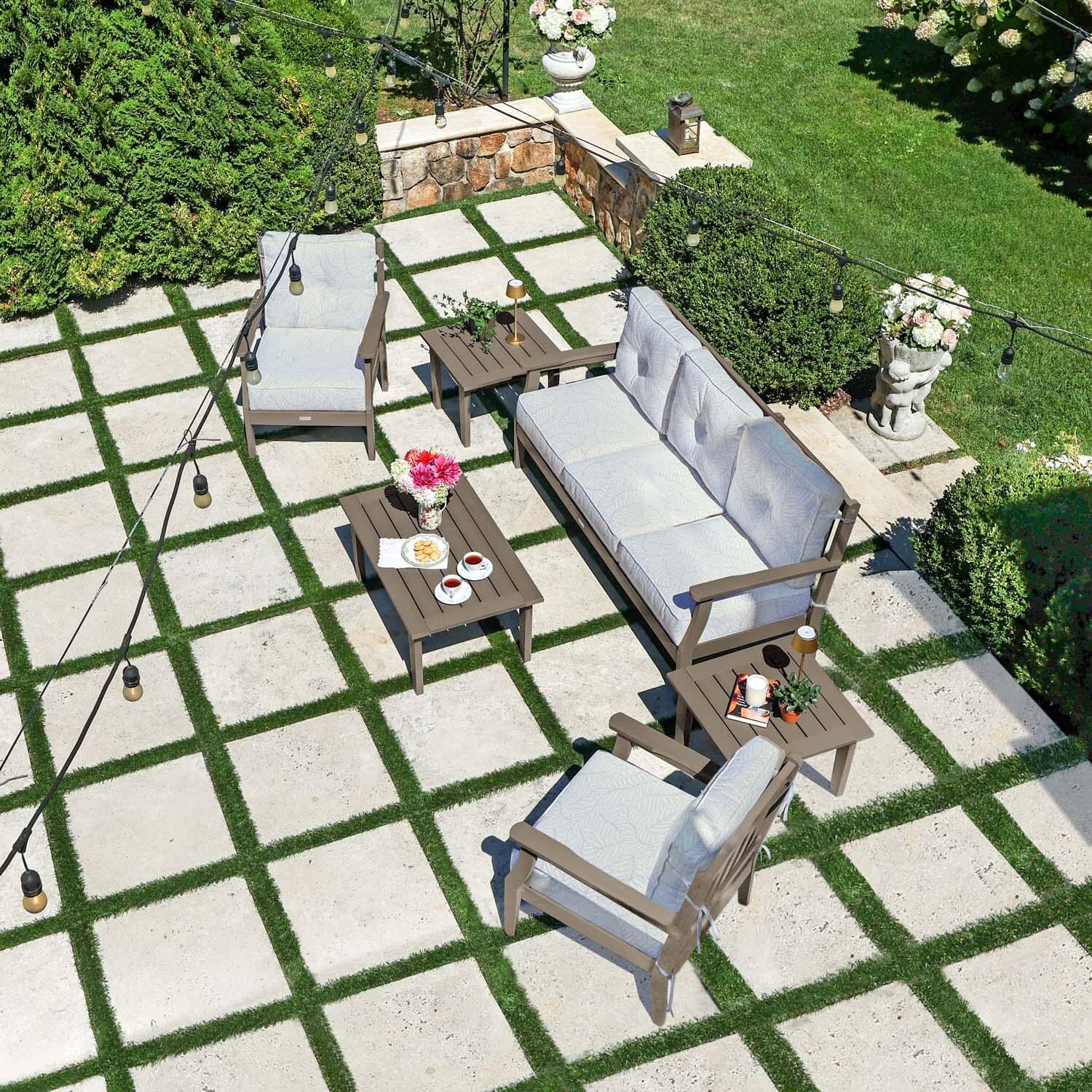 Blushing Bay 6 Pc Recycled Plastic Seating Set w/ Sofa in Lively Parchment/Woodland Brown by Lakeview Outdoor Designs - Top View - Lifestyle thumbnail