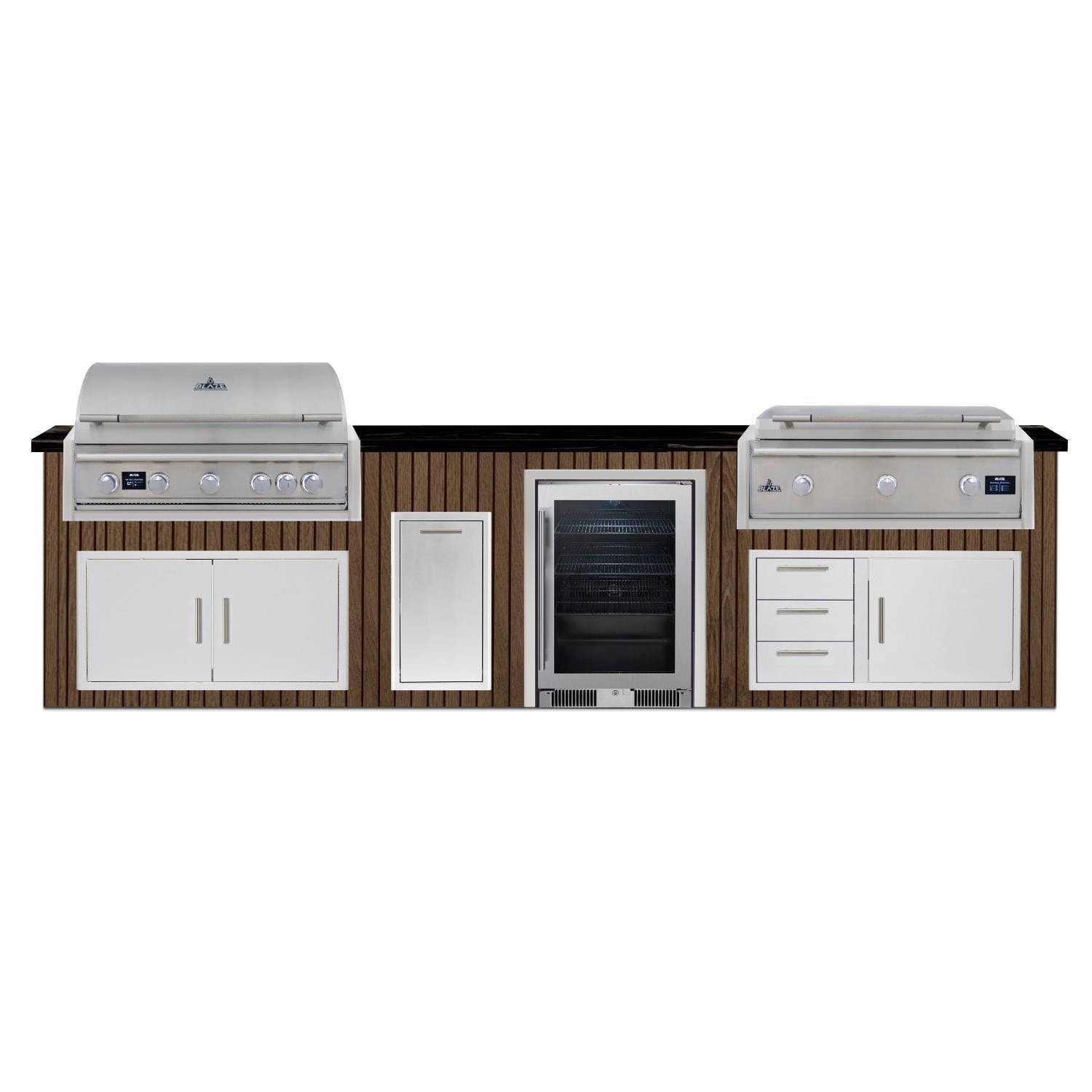 BBQGuys Signature 12 Ft Outdoor Kitchen Island w/ 40-in Propane Blaze LTE PRO Grill & Griddle, 20-in Beverage Center & Narrow Trash Bin | Toffee w/ Nero Mist Granite