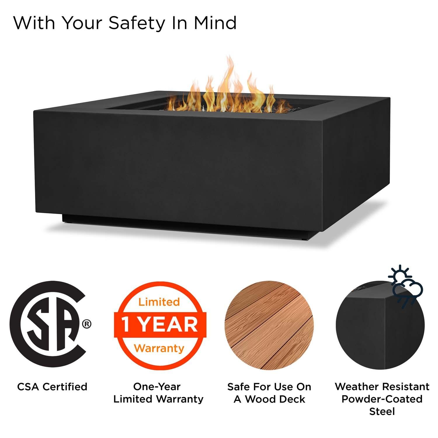 Elysian 36 Inch Square Powder Coated Steel Propane Fire Pit Table in Black by Lakeview Outdoor Designs - Safety thumbnail