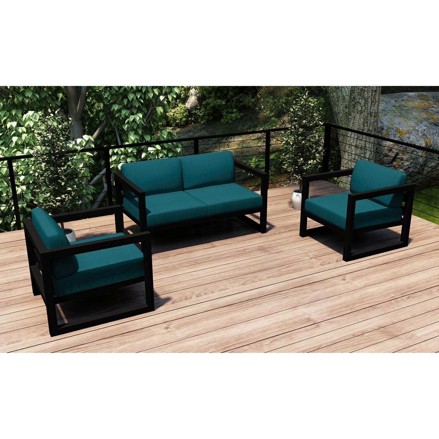 Lakeview MSTYCV-BK-3LSS-PC Misty Cove 3 Pc Aluminum Seating Set in Black w/Loveseat & Spectrum Peacock Cushions by Lakeview Outdoor Designs - Set Outside - Lifestyle thumbnail