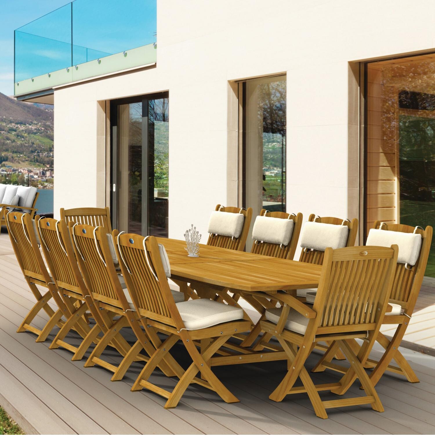 Sailor 11 Piece Teak Patio Dining Set W/ 96 X 44 Inch Rectangular Extension Table And Sunbrella Canvas Natural Cushions By Royal Teak Collection